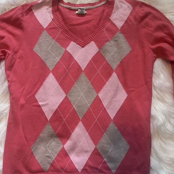 Argyle Sweater Large Izod Salmon Cotton Pink Tan Long Sleeves V Neck Preppy Golf - Picture 9 of 11